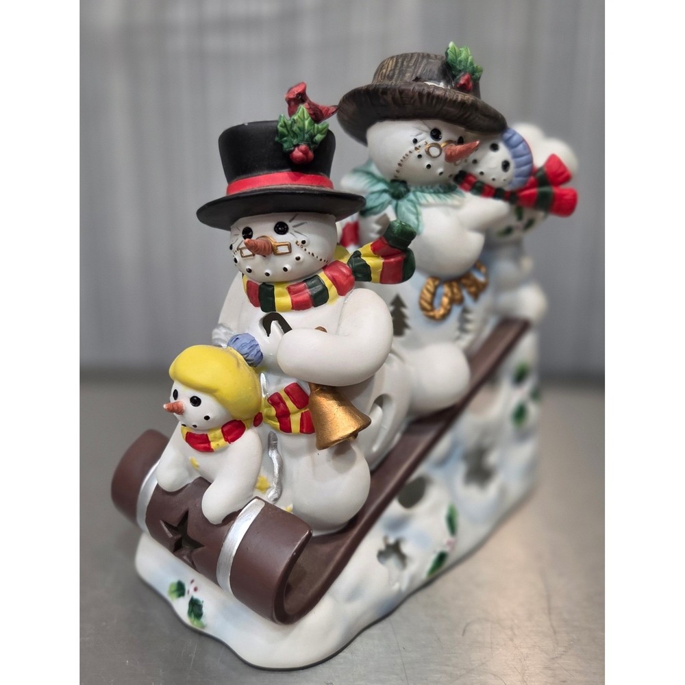 PartyLite Retired Snowman Sledding Votive Tealight Holder Christmas Ceramic